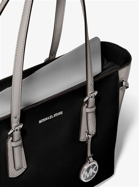 voyager medium two-tone logo tote bag by michael kors|Michael Kors saffiano leather bag.